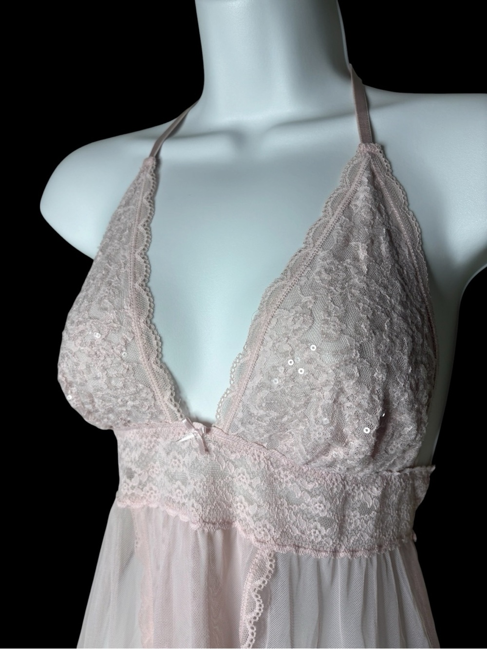 Pink Lace Feminine Coquette Sheer Mesh Babydoll Lingerie Sparkly Top Size L Open - Picture 3 of 8